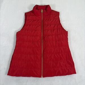 Michael Michael Kors Vest Womens Red Quilted Puffer Zip Front MK Logo Gold Zip